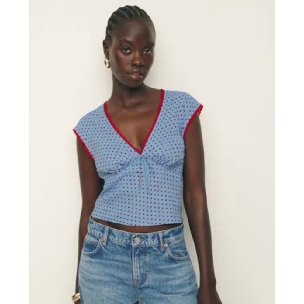 Reformation Polka Dot Lace Trim V-Neck Crop Top Womens Size 6 Blue Red Y2K Style